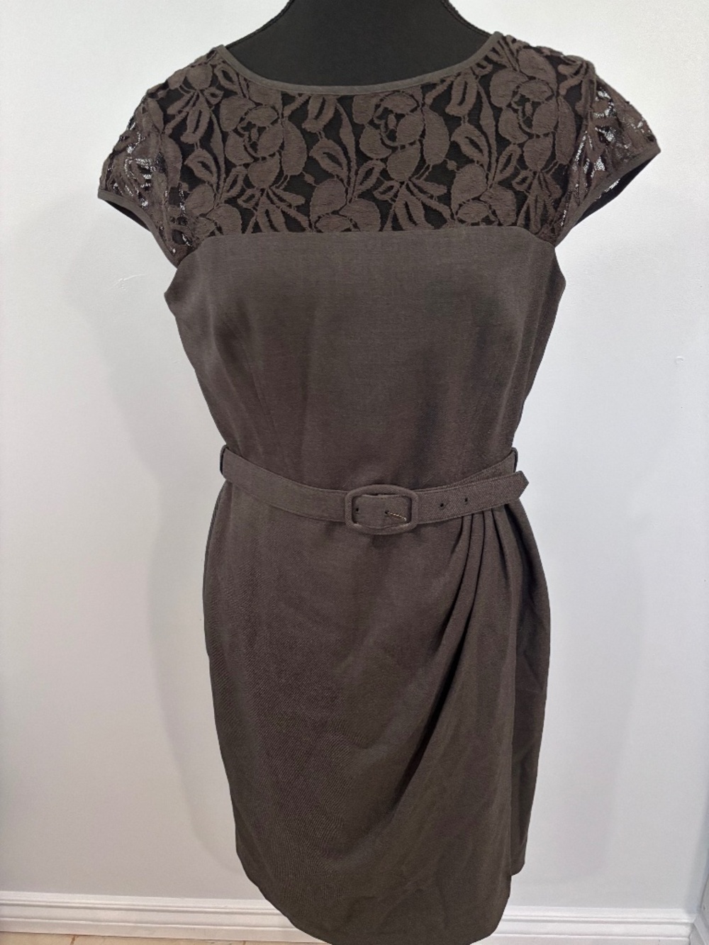 Jones & Co., Midi Dress with Lace Yoke and Belt - Dark Gray